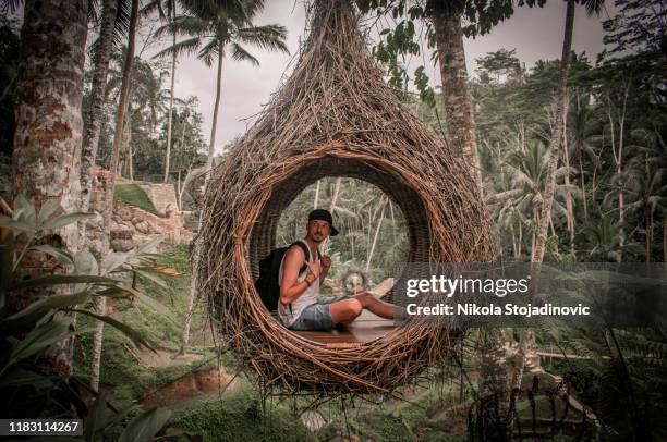 young tourist man in ubud, bali, indonesia - ubud rice fields stock pictures, royalty-free photos & images