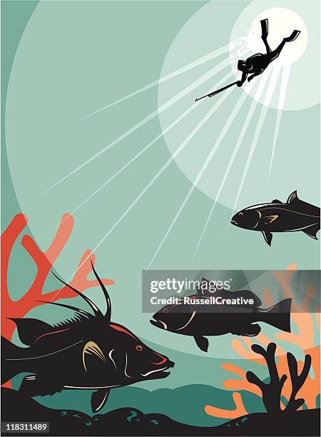 spearfishing underwater - harpoon stock illustrations