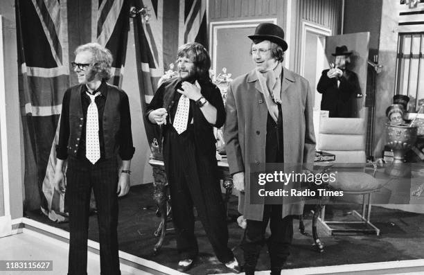 Comedic actors Graeme Garden, Bill Oddie, Jack Douglas and Tim Brooke-Taylor in a sketch from episode 'Goodies in the Nick' of the BBC television...