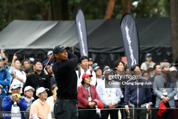 Tiger Woods of the United States attends the Tiger Woods Clinic after the first round of the ZOZO Championship at Accordia Golf Narashino Country...