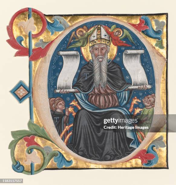 Initial C Excised from a Choral Book: St. Anthony with Antonite Friars, circa 1400-1440. The focus of this initial is an imposing portrait of Saint...