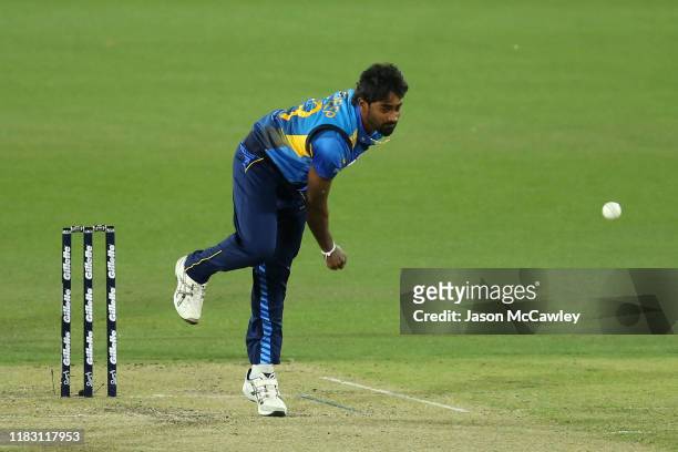 Nuwan Pradeep of Sri Lanka bowls during the tour match between Prime Ministers XI and Sri Lanka at Manuka Oval on October 24, 2019 in Canberra,...