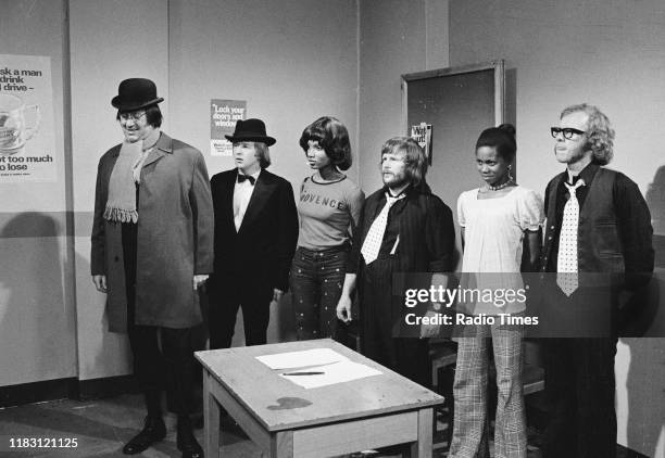 Comedic actors Jack Douglas, Tim Brooke-Taylor, unknown, Bill Oddie, unknown and Graeme Garden in a sketch from episode 'Goodies in the Nick' of the...