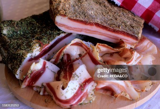 Bacon. Murazzano Penta farm. Murazzano. Langhe. Piedmont. Italy.