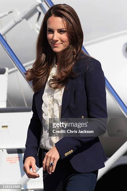 Catherine, Duchess of Cambridge boards a Canadian Airforce jet to Slave Lake on July 6, 2011 in Yellowknife, Northern Territories, Canada. The newly...