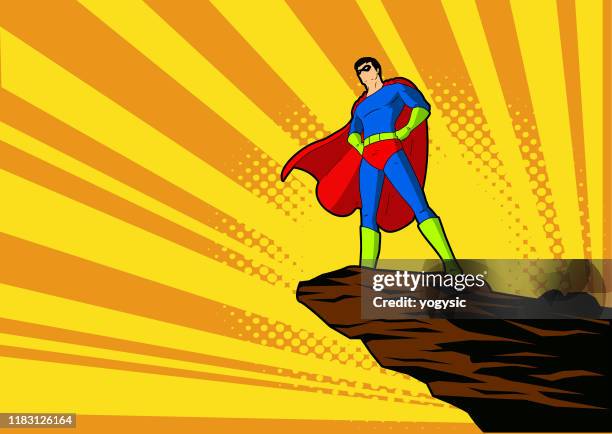 vector pop art superhero standing on a cliff illustration - cliff stock illustrations
