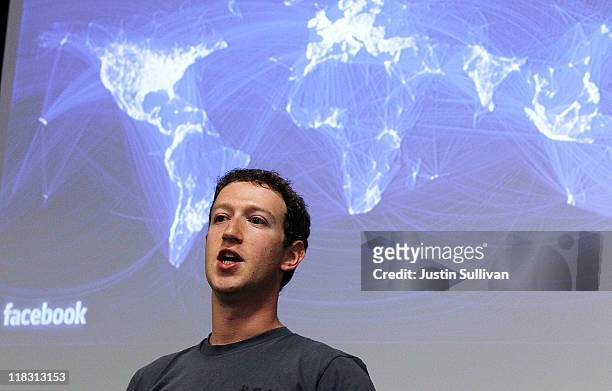 Facebook CEO Mark Zuckerberg speaks during a news conference at Facebook headquarters July 6, 2011 in Palo Alto, California. Zuckerberg announced new...