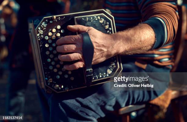 musicians hand plays on antique accordion - folk foto e immagini stock