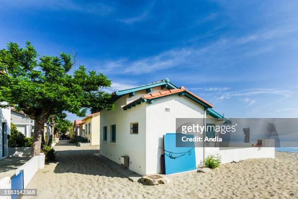 Argeles-sur-Mer : Òplage du RacouÓ beach and houses on the waterfront, along the ÒCote RadieuseÓ coastal area. Waterfront houses are subject to the...