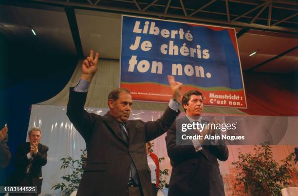 French politicians Charles Pasqua and Patrick Balkany, during the "no" campaign for UE, 8th september 1992