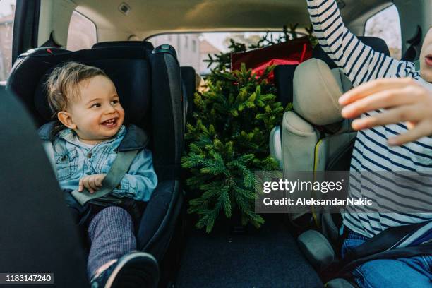 lachende jongens na kerstboom winkelen - december stockfoto's en -beelden