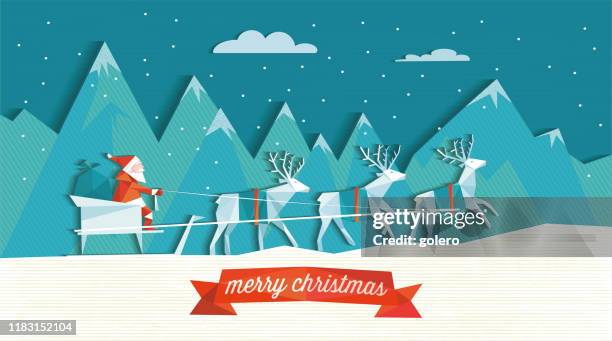 聖誕老人與馴鹿雪橇在冬季景觀 - sled 幅插畫檔、美工圖案、卡通及圖標