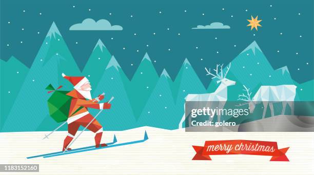 santa claus auf ski in der winterlandschaft - ski humour stock-grafiken, -clipart, -cartoons und -symbole