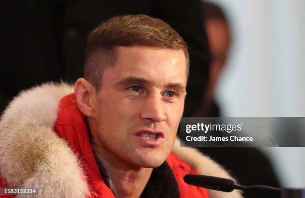Ricky Burns speaks to the media during a press conference ahead of the Lightweight fight between Lee Selby and Ricky Burns at Canary Riverside Plaza...