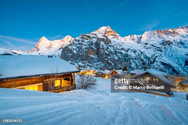 murren and mount jungfrau in winter, switzerland - alpine chalet stock pictures, royalty-free photos & images