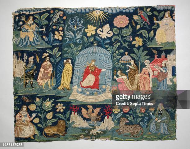 The Meeting of King Solomon and the Queen of Sheba, with the Four Elements, circa 1700, British, Canvas worked with silk and wool thread, mica; tent,...