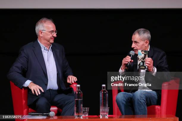 Walter Veltroni and David Grieco attend the il cacciatore/Apocalypse Now Duel during the 14th Rome Film Festival on October 24, 2019 in Rome, Italy.