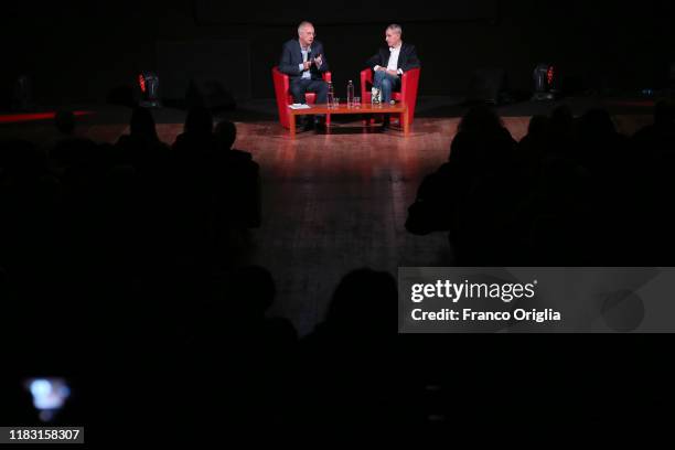 Walter Veltroni and David Grieco attend the il cacciatore/Apocalypse Now Duel during the 14th Rome Film Festival on October 24, 2019 in Rome, Italy.