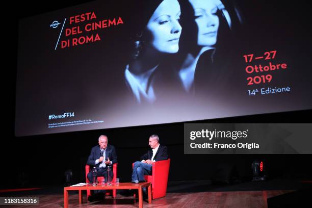 Walter Veltroni and David Grieco attend the il cacciatore/Apocalypse Now Duel during the 14th Rome Film Festival on October 24, 2019 in Rome, Italy.