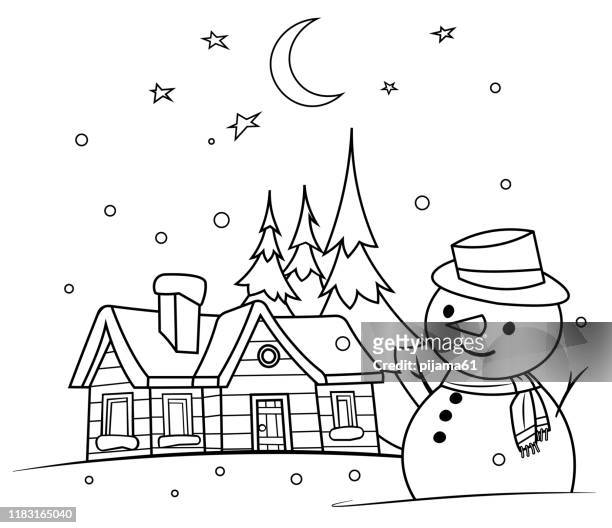 malbuch, winternacht mit einem schneemann - snowman stock-grafiken, -clipart, -cartoons und -symbole