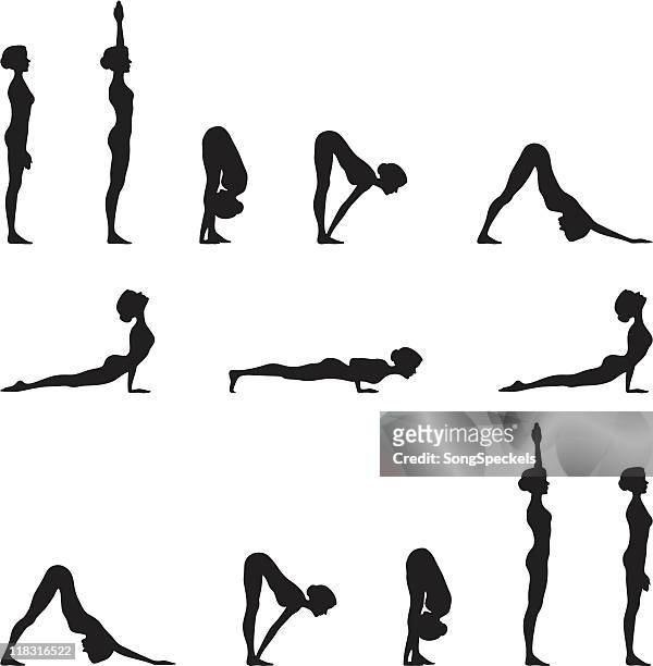 yoga sun salutation silhouette series - sun salutation stock illustrations