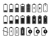 Battery charger icon vector logo. Isolated vector sign symbol. Battery charge full power energy level. Battery low icon energy symbol battery charge.
