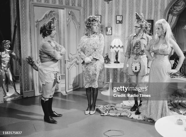 Actress Liz Fraser and comedians Bill Oddie, Tim Brooke-Taylor and Graeme Garden in a sketch from episode 'Caught in the Act' of the BBC television...