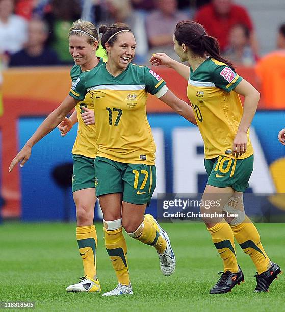 Kyah Simon of Australia celebrates scoring their winning goal during the FIFA Women's World Cup 2011 Group D match between Australia and Norway at...