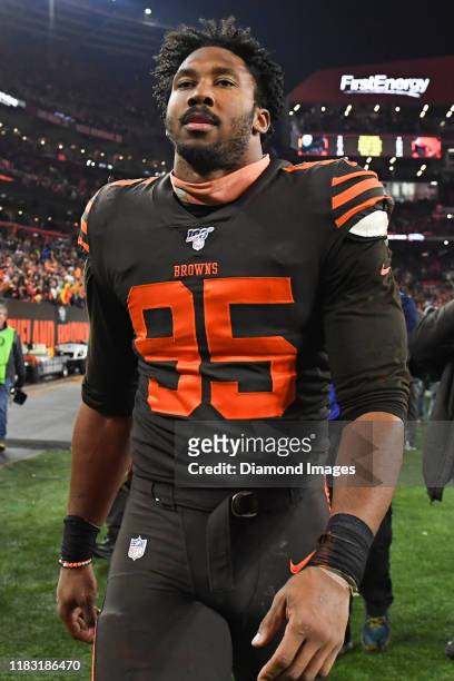 Defensive end Myles Garrett of the Cleveland Browns walks off the field after being ejected for hitting quarterback Mason Rudolph of the Pittsburgh...