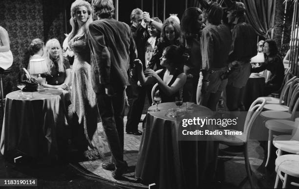 Actress Liz Fraser and comedian Graeme Garden in a sketch from episode 'Caught in the Act' of the BBC television series 'The Goodies', 1970.