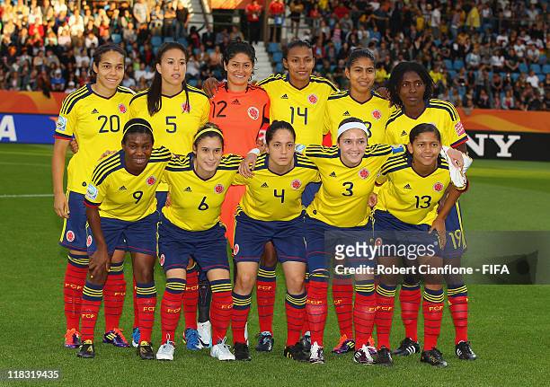The Colombian team players line up prior to the FIFA Women's World Cup 2011 Group C match between Korea DPR and Colombia at the FIFA Womens World Cup...