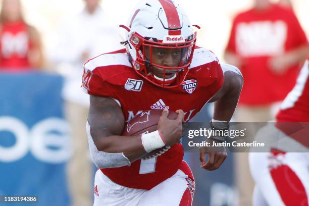 Jaylon Bester of the Miami oh Ohio Redhawks runs the ball in the game against the Northern Illinois Huskies on October 19, 2019 in Oxford, Ohio.