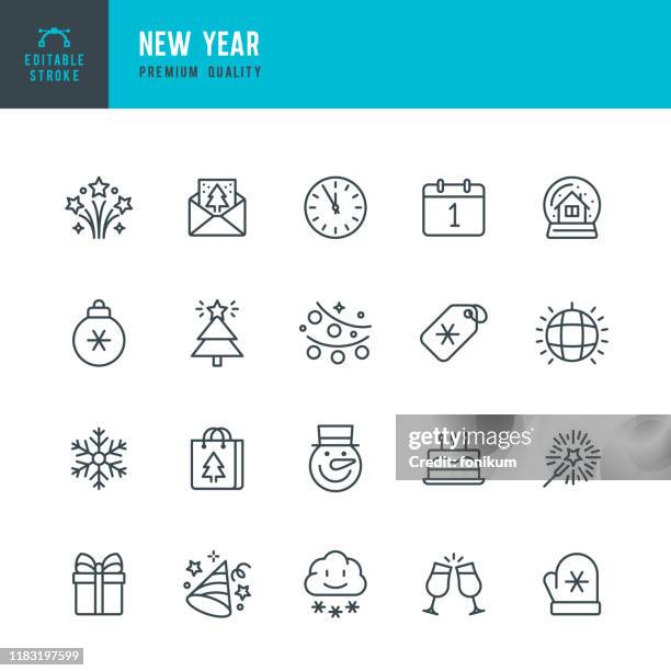 ilustraciones, imágenes clip art, dibujos animados e iconos de stock de año nuevo - conjunto de iconos vectoriales de línea delgada. trazo editable. píxel perfecto. el conjunto contiene iconos como año nuevo, invierno, regalo, árbol de navidad, navidad, copo de nieve, calendario, sparklers, reloj. - festivo