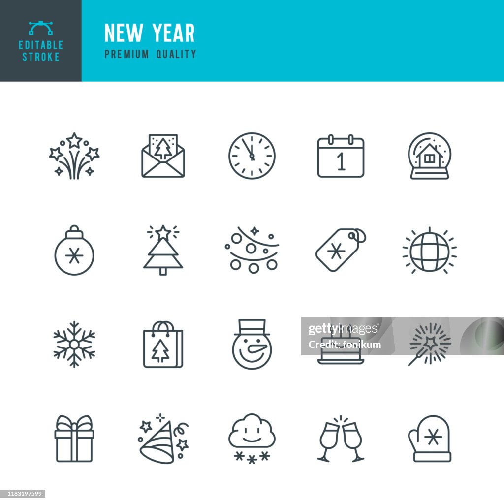 New Year - thin line vector icon set. Editable stroke. Pixel Perfect. Set contains such icons as New Year, Winter, Gift, Christmas Tree, Christmas, Snowflake, Calendar, Sparklers, Clock.