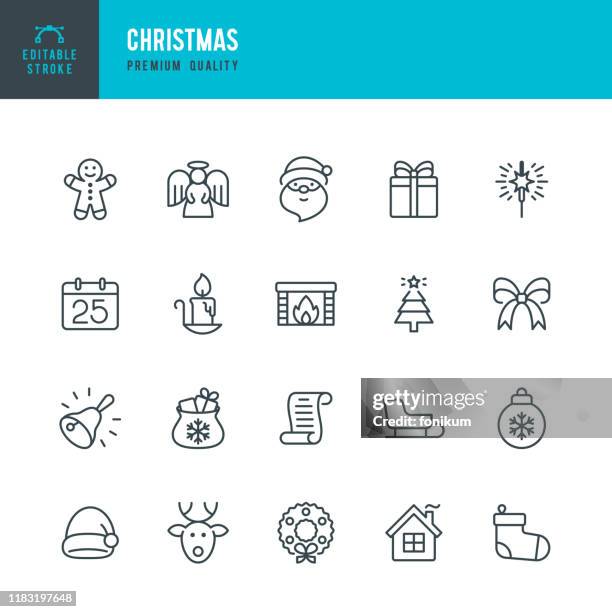 stockillustraties, clipart, cartoons en iconen met kerst-dunne lijn vector icon set. bewerkbare lijn. pixel perfect. set bevat dergelijke iconen als kerstman, kerstmis, geschenk, rendieren, kerstboom, sneeuwvlok, kalender. - sixth day of christmas engels begrip