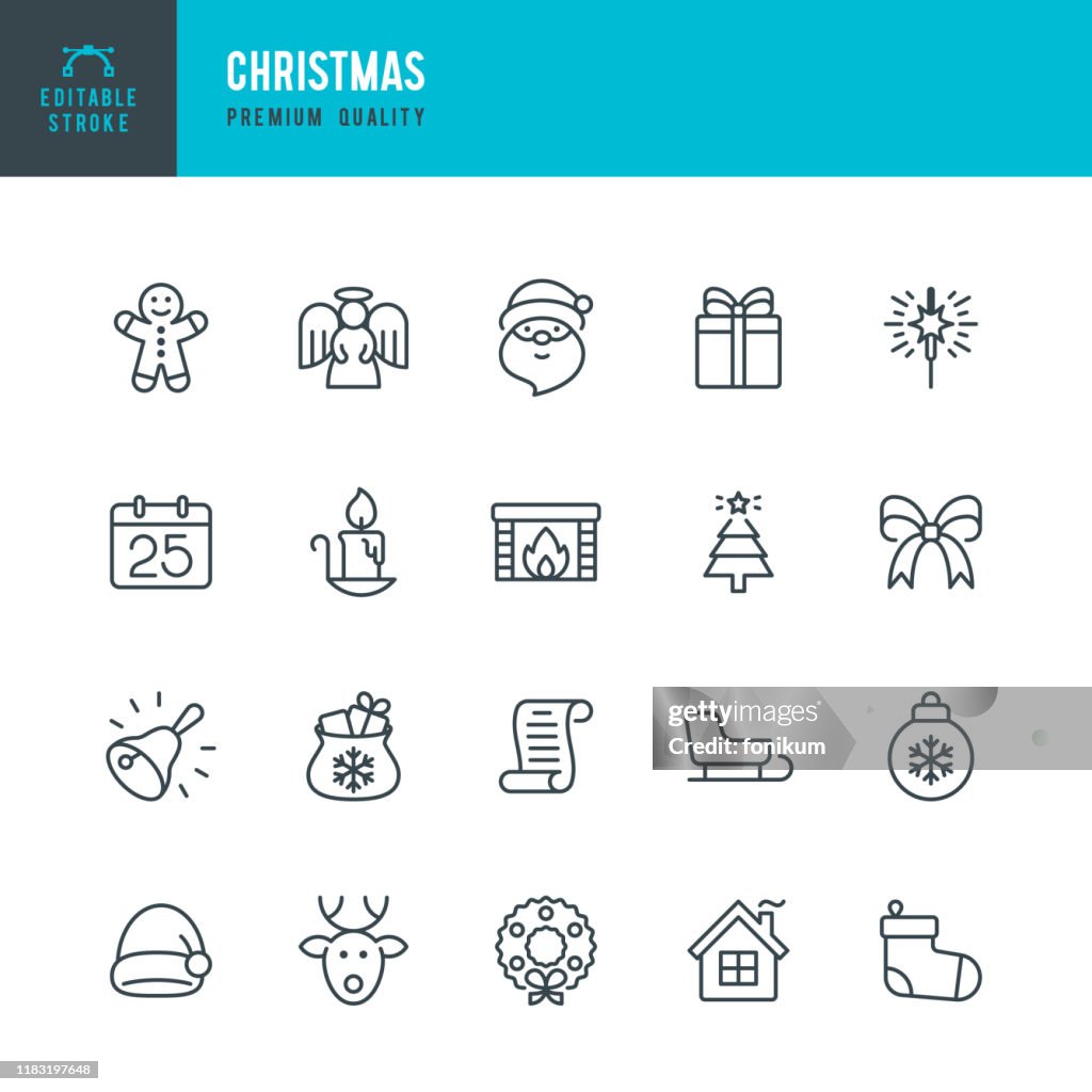 Christmas - thin line vector icon set. Editable stroke. Pixel Perfect. Set contains such icons as Santa Claus, Christmas, Gift, Reindeer, Christmas Tree, Snowflake, Calendar.