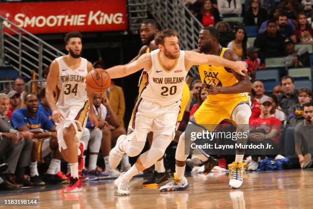 Nicolo Melli of the New Orleans Pelicans handles the ball against the Golden State Warriors on November 17, 2019 at the Smoothie King Center in New...