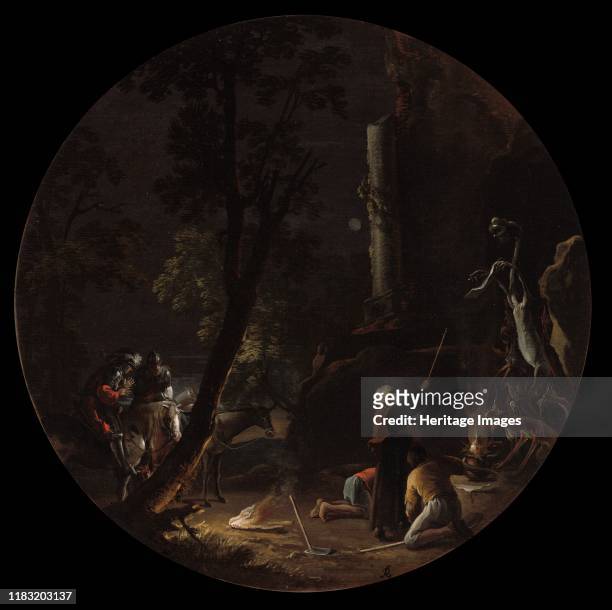 Night, circa 1645-1649. In the pitch black of night, two groups of men are gathered in a forest. To the left, travelers apprehensively pause to watch...