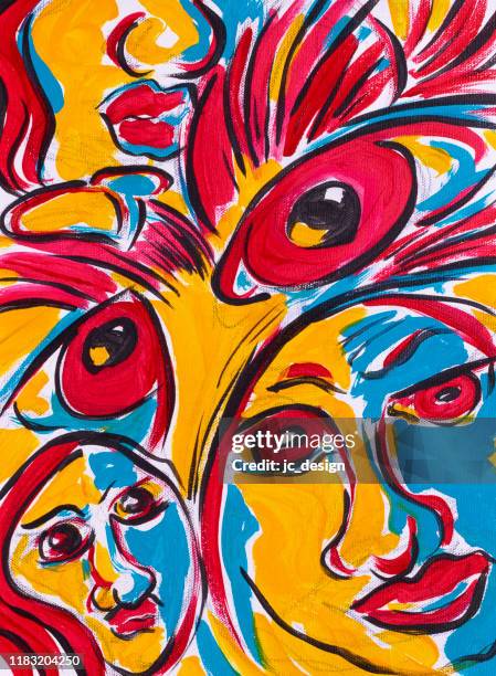 ilustraciones, imágenes clip art, dibujos animados e iconos de stock de colorida pintura abstracta de rostros femeninos - ojos rojos