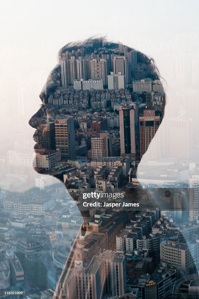 Man and cityscape,double exposure