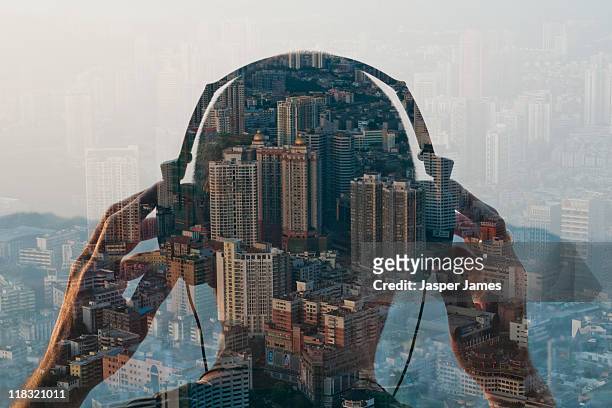 double exposure of man listening to head phones an - music stock pictures, royalty-free photos & images