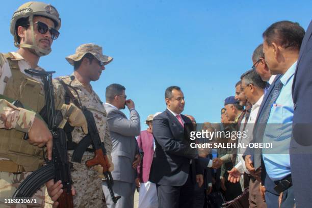 Yemen's Prime Minister Maeen Abdulmalik Saeed arrives in Aden on November 18, 2019. - Yemen's prime minister returned to the southern city of Aden...