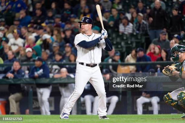 Adam Lind of the Seattle Mariners bats during the game against the Oakland Athletics at Safeco Field on Friday, April 8, 2016 in Seattle, Washington.