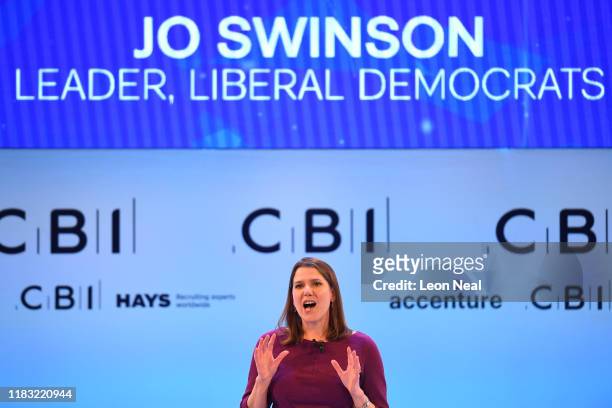 Leader of the Liberal Democrats, Jo Swinson addresses delegates and business leaders at the annual CBI conference on November 18, 2019 in London,...
