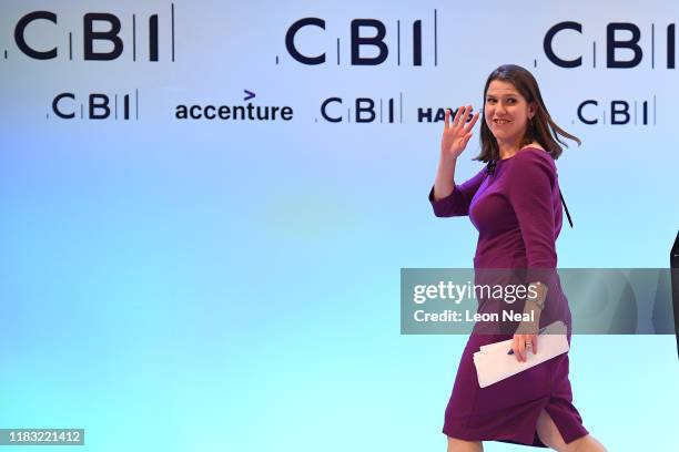 Leader of the Liberal Democrats, Jo Swinson addresses delegates and business leaders at the annual CBI conference on November 18, 2019 in London,...