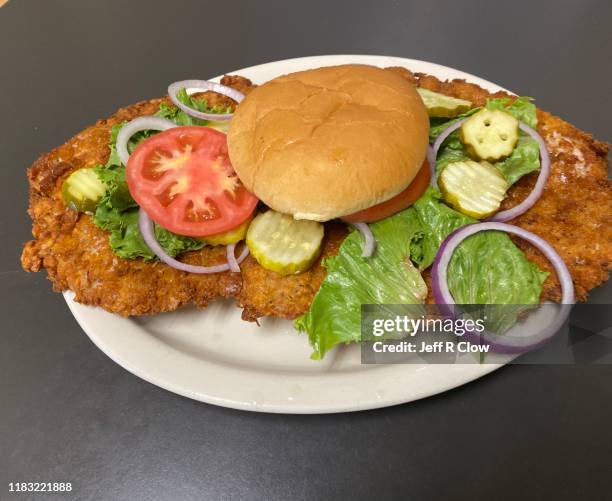 one very large pork tenderloin sandwich - tenderloin stock pictures, royalty-free photos & images