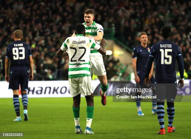 Ryan Christie of Celtic celebrates after scoring his team's first goal with Odsonne Edouard of Celtic during the UEFA Europa League group E match...