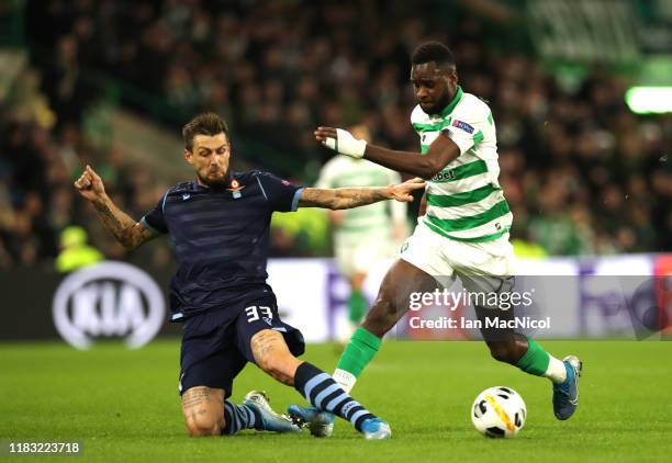 Francesco Acerbi of Lazio tackles Odsonne Edouard of Celtic during the UEFA Europa League group E match between Celtic FC and Lazio Roma at Celtic...