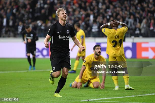 Martin Hinteregger of Eintracht Frankfurt celebrates after scoring his team's second goal during the UEFA Europa League group F match between...