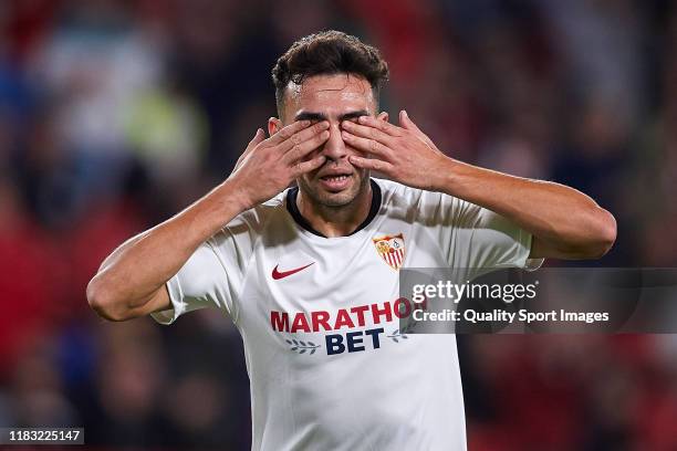 Munir El Haddadi Mohamed of Sevilla FC celebrates scoring his team's third goal during the UEFA Europa League group A match between Sevilla FC and...